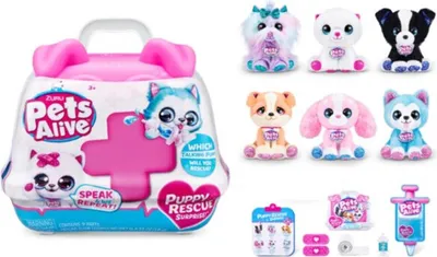 A collage of a toy pet rescue kit and several plush toy puppies, along with accessories like a syringe and bandages.