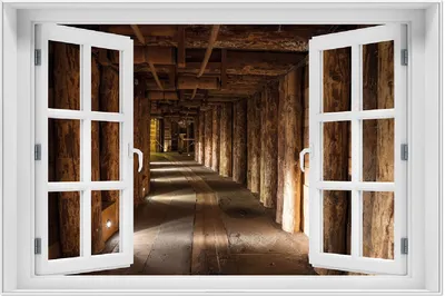 Produktbild von Wallario Wandbild mit Fenster-Illusion: Alter Tunnel in einer Salzmine in Polen, Größe: 61 x 91,5 cm, Poster mit weißem Aluminiumrahmen