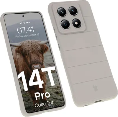 A light gray phone case is shown next to a phone displaying a picture of a Highland cow and text.