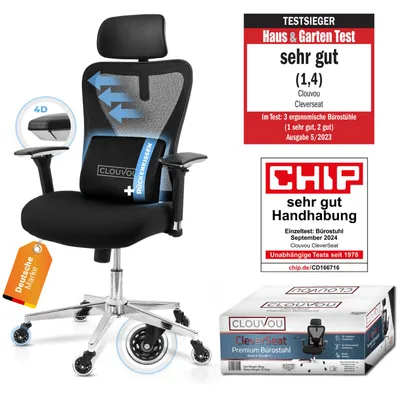Produktbild von CleverSeat Bürostuhl, Schreibtischstuhl, ergonomisch, , Chefsessel für Arbeitszimmer, 4D Chrom-Metallarmlehne, Blade Wheels, Ergonomic Chair