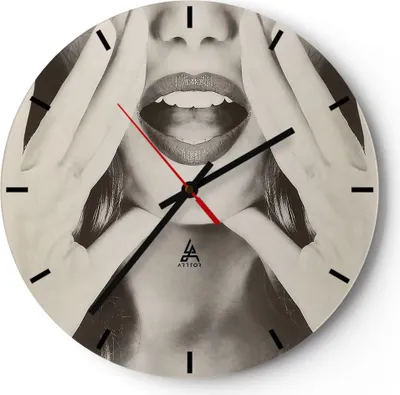 Produktbild von Wanduhr - Rund - Glasuhr - Frau Mund Geheimnis - 40x40cm - Schleichendes Uhrwerk - Lautlos - zum Aufhängen bereit - Dekoration Modern - Wanddekoration aus Glas - C3AR40x40-4920