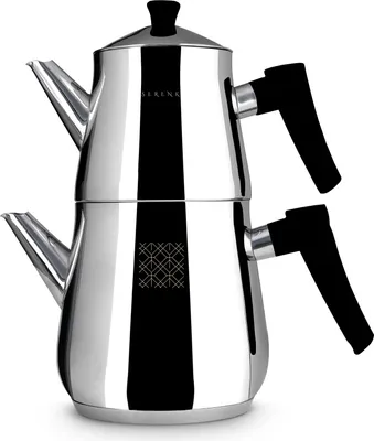 Produktbild von Serenk Definition Edelstahl-Teekannen-Set, 1L Teekanne & 2L Untertopf, Doppelstöckiges Design, Induktionsgeeignet, Spiegelpolierte Oberfläche,  Türkiye
