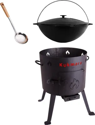 Produktbild von Set Utschak, 36 cm + 8 Liter Kasan Kazan aus Gusseisen Feldküche Gulasch-Kessel Feuer-Ofen Outdoor