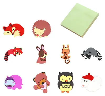 Kühlschrankmagnete 10er-Pack mit Cartoon-Tieren + Notizblock