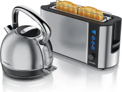 Image de Arendo Breakfast Set acier inoxydable, bouilloire avec réglage de la température 1,7l, grille-pain 2 disques à fentes longues, grille-pain 2 disques, bouilloire vintage, grille-pain avec support pour petits pains, argenté