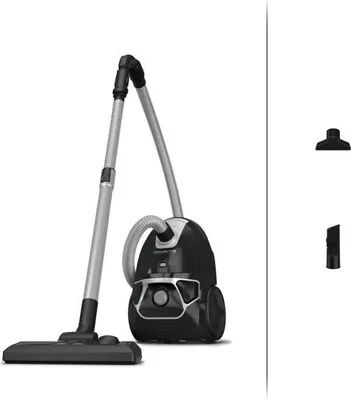 A black and silver Rowenta vacuum cleaner is shown against a white background, with three accessory attachments displayed on the right side of the image.