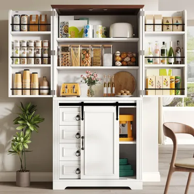 Imagen del producto de Armario alto de cocina de 80x39,8x180 cm en blanco, con cuatro cajones, estantes ajustables y un espacio lateral para snacks