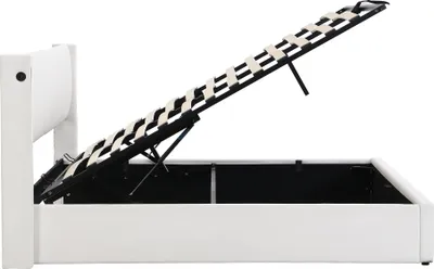 Image de AIORBER Lit rembourré, 140 x 190 cm, lit hydraulique, avec éclairage LED, grand espace de rangement, tête de lit réglable, avec connexion USB,roulettes en PU, blanc