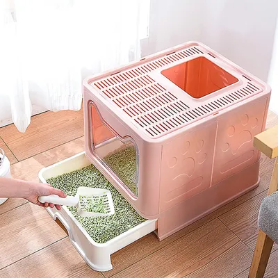 Image de Bac à litière pliable avec bac extensible Bac à litière avec pelle Portable Double porte Rose
