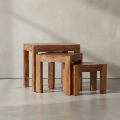Holz Satztisch Set "NAKO"_ 3-teilig_ Landhaus-Stil_ Massivholz_ platzsparend_ 45x50x36 cm_ 37x38x30 cm_ 30x25x25 cm - KADIMA DESIGN_Farbe_ Braun_ Größe_ 50x36x45 cm_#sku_BARWL1.212#