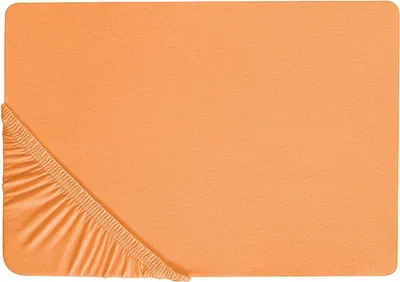 A flat lay of an orange fitted sheet with elasticized corners.