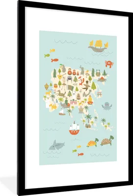 Produktbild von MuchoWow® MuchoWow® Gerahmtes Poster Weltkarte Kinder - Farben - Asien 60x90 cm - Poster mit zchwarzem Bilderrahmen - Dekoration - Wandposter Wohnzimmer - Hochwertig