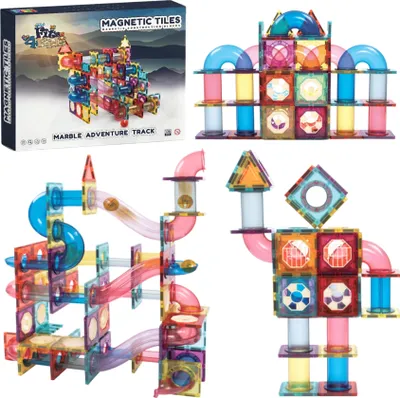 Produktbild von Fits4Kids Magnetic tiles - 136 Teile - Fits4Kids Magnetische Bausteine - STEM Spielzeug zum kreativen Bauen - Magnetische Bauklötze - Marble Adventure