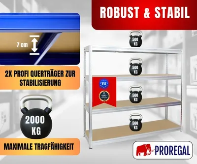Produktbild von Schwerlastregal DINO | HxBxT 180x200x60cm | 4 MDF-Platten-Ebenen 6,5 mm | Fachlast 500kg | Verzinkt