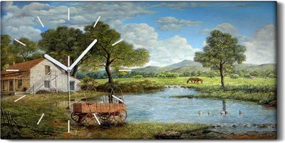 Produktbild von Leinwand Uhr Küche Wohnzimmer Bild 60x30 Gemälde Landschaft Baum Berg Kunst - weiße Hände