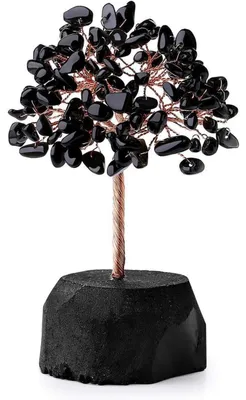 Productafbeelding van Kristalboom van obsidiaan, Feng Shui levensboom, decoratie met basis van ronde steen, 12-13 cm