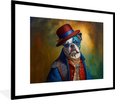 Produktbild von MuchoWow® Gerahmtes Poster Hund - Porträt - Kleidung - Hut - Abstrakt 80x60 cm - Poster mit Schwarzem Bilderrahmen Wandposter Rahmen Foto Bilder - Schlafzimmer-Dekorationen - Fotoposter