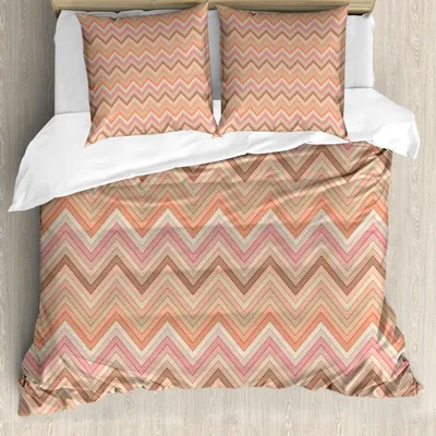 Zdjęcie produktu dla ABAKUHAUS Zestaw pościeli brzoskwiniowej, stary modny wzór zygzakowaty w ciepłych kolorach, nadruk w stylu vintage retro, 155 x 220 cm + 80 x 80 cm, wielokolorowy