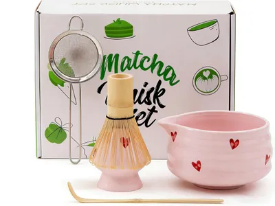 Produktbild von Matcha Komplett-Set, Japanisches Matcha-Set, 5er set Matcha-Set, Keramik, mit Schale und Bambus-Schneebesen