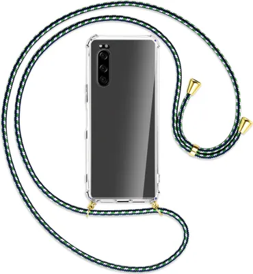 Produktbild von Handykette Backcover-Schutzhülle mit Band (Metall goldfarben) für Sony Xperia 5 - grün/blau/weiß