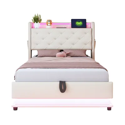 Immagine prodotto di Letto imbottito Abrihome 90×200 cm con contenitore idraulico, letto singolo per bambini con presa USB e tasca per cellulare, beige
