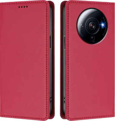 Image de Etui en cuir pour Xiaomi 12S Ultra, étui magnétique en cuirPolyuréthaneavec support Rouge