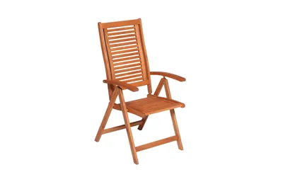 A single wooden garden chair on a white background.