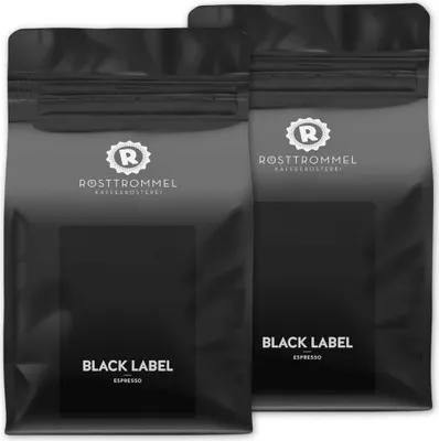 Produktbild von RÖSTTROMMEL BLACK LABEL - Special Blend ESPRESSO, Ganze Kaffee-Bohnen 2x1kg, 50% Arabica, 50% Canephora, Röstung 8.5/10, 50% Brasilien, 50% Indien, Geschmack: cremig - kräftig - zartbitter Schokolade