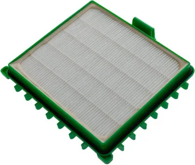A close-up, angled view of a square-shaped HEPA filter with a green plastic frame and a white pleated filter material.