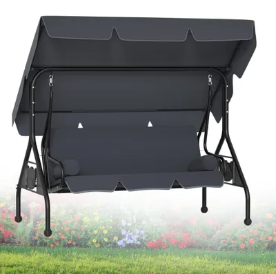 Image de Balançoire de jardin LZQ 3 places avec fonction allongée et 2 coussins – Balançoire de jardin avec auvent, 2 tablettes et structure en acier pouvant supporter jusqu'à 350 kg, anthracite