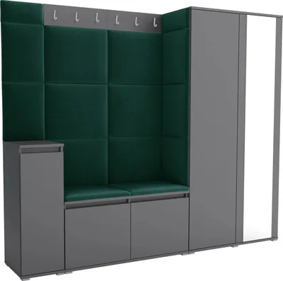 Produktbild von Garderoben-Set Noris VIII mit Spiegel, gepolsterte Garderobe 145 cm mit Schuhkommode, Wandpaneelen und Sitzbank (Farbe: Anthrazit+ Trinity 28)