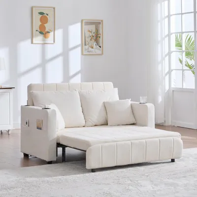 Produktbild von Schlafsofa, ausziehbares Klappsofa, als Sofa oder Bett, mit Aufbewahrungstaschen an den Armlehnen, Chenille, mit USB und Getränkehaltern, Beige