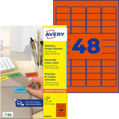 Produktbild von Avery Zweckform L6038-20, Farbige Etiketten, ablösbar, A4, 45,7 x 21,2 mm, 960 Etiketten / 20 Bögen, rot