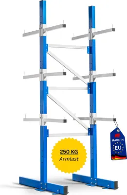 Produktbild von Doppelseitiges Kragarmregal MAXIMUS ULTRA mit 250kg Armlast | HxBxT 240x100x80cm | 4 Ebenen inkl. Fußebene | 40cm Armtiefe | Signalblau/Lichtgrau