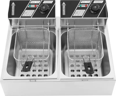 Gewerbliche Fritteuse - Elektrische Doppeltank-Fritteuse - 12 l Fassungsvermögen - 2,5 kW + 2,5 kW - Edelstahl - Mit Korb - Aufrechter Deckel - Hellgrau