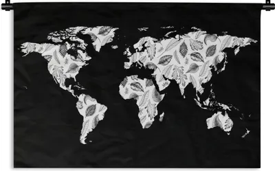 Produktbild von MuchoWow® Wandteppich Wandbehang Weltkarte - Blätter - Schwarz - Weiß 90x60 cm Tapisserie Dekoration Wandtuch - Wandskulpturen - Bildteppich
