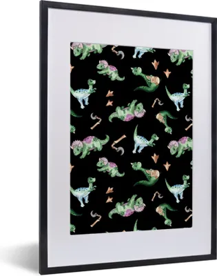 Produktbild von MuchoWow® Gerahmtes Poster Dinosaurier - Muster - Kinderzimmer - Jungen - Mädchen - Kinder - Kinder 30x40 cm - Poster mit Schwarzem Bilderrahmen Wandposter Rahmen Foto Bilder - Wandposter Schlafzimmer