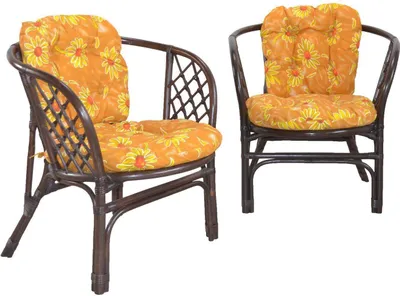 Two rattan chairs with floral cushions on a white background.