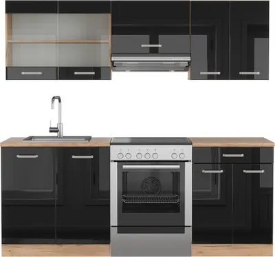 Produktbild von Küchenzeile Vicco R-Line Schwarz Hochglanz/Goldkraft Eiche 200 cm ohne Arbeitsplatte, Model 40975
