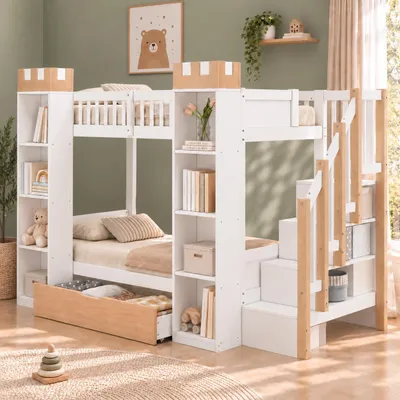 Productafbeelding van STILVORA Stapelbed 90 x 200 cm met opbergruimte in de trap en een lade, hoogslaper met valbeveiliging, kinderbed met opbergruimte in kasteelvorm, wit + natuurlijke kleur, AI-gegenereerde afbeelding