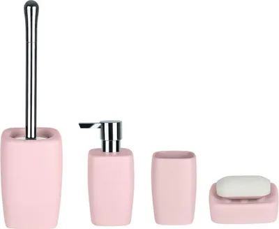 Produktbild von Spirella Badezimmer Set, 4-teiliges Badzubehör aus Steinzeug Retro Seifenspender, Seifenschale, WC Bürste und Zahnputzbecher Pastellrosa