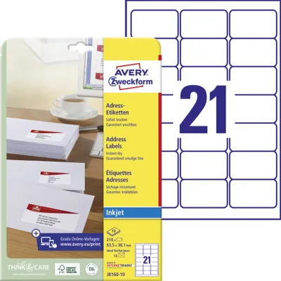 Produktbild von Avery Zweckform J8160-10 Adress-Etiketten, A4, 63,5 x 38,1 mm, 10 Bogen/210 Etiketten, weiß