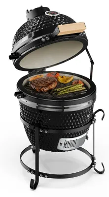 Produktbild von Klarstein Princesize - Kamado-Grill, Keramikgrill, Holzkohlegrill, Smoker, mit Deckel, Keramik, Gute Hitzespeicherung, Innenthermometer, Holzgriff, abnehmbares Gestell, schwarz
