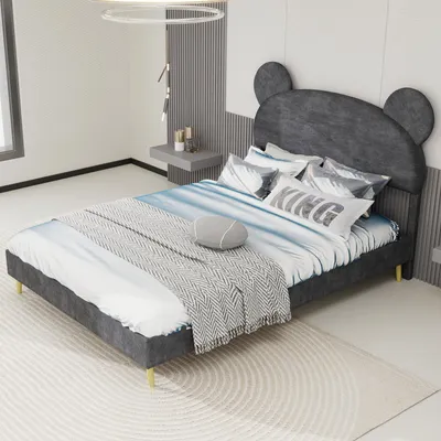 Obrázek produktu pro okwish Dětská postel 140x200 Juniorská postel z MDF, jednolůžko s úložným prostorem, nízký rám a čelo v cartoon designu, Šedá (bez matrace)