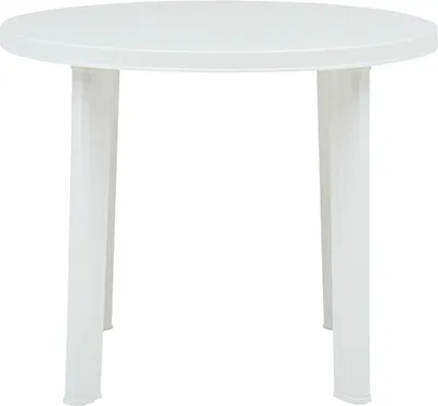 A white round table with four legs on a white background.