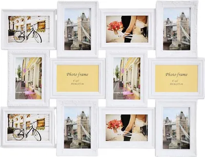 A collage of multiple white photo frames displaying various images, including a bicycle, a bridge, and a wedding couple.