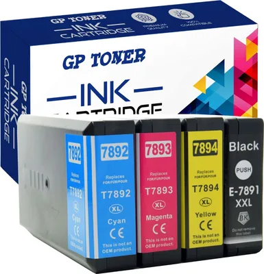 A product shot of four ink cartridges and their packaging.