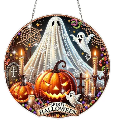 Productafbeelding van Diamantverfset: Hanger met spook- en pompoenmotief, raamdecoratie, knutselset, hangende decoratie