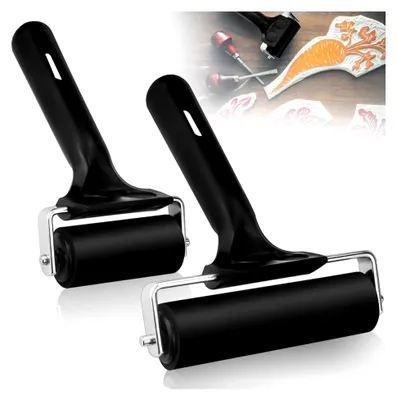 Produktbild von 2 Stück Gummiwalzen Farbwalze Linoldruck 6cm/10cm Malerwalze Gummi Andrückroller Brayer Roller Schwarz Walzen mit Griff für Tintenfarbblock Blockdruck Stempeln Drucken