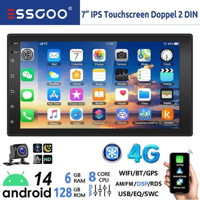 Produktbild von 2 DIN Autoradio Android 14 mit 7 Zoll Touchscreen GPS Navigation WiFi 4G Bluetooth Freisprechanlage Lenkradsteuerung Carplay Android Auto 6 GB RAM 128 GB